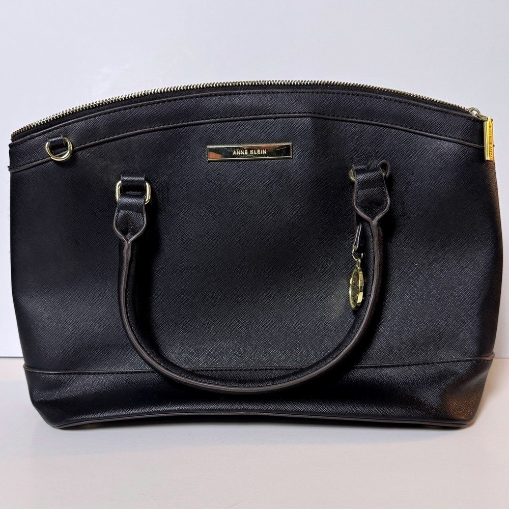 Anne Klein Black Saffiano Faux Leather Satchel Handbag Gold Hardware Polka Dot
